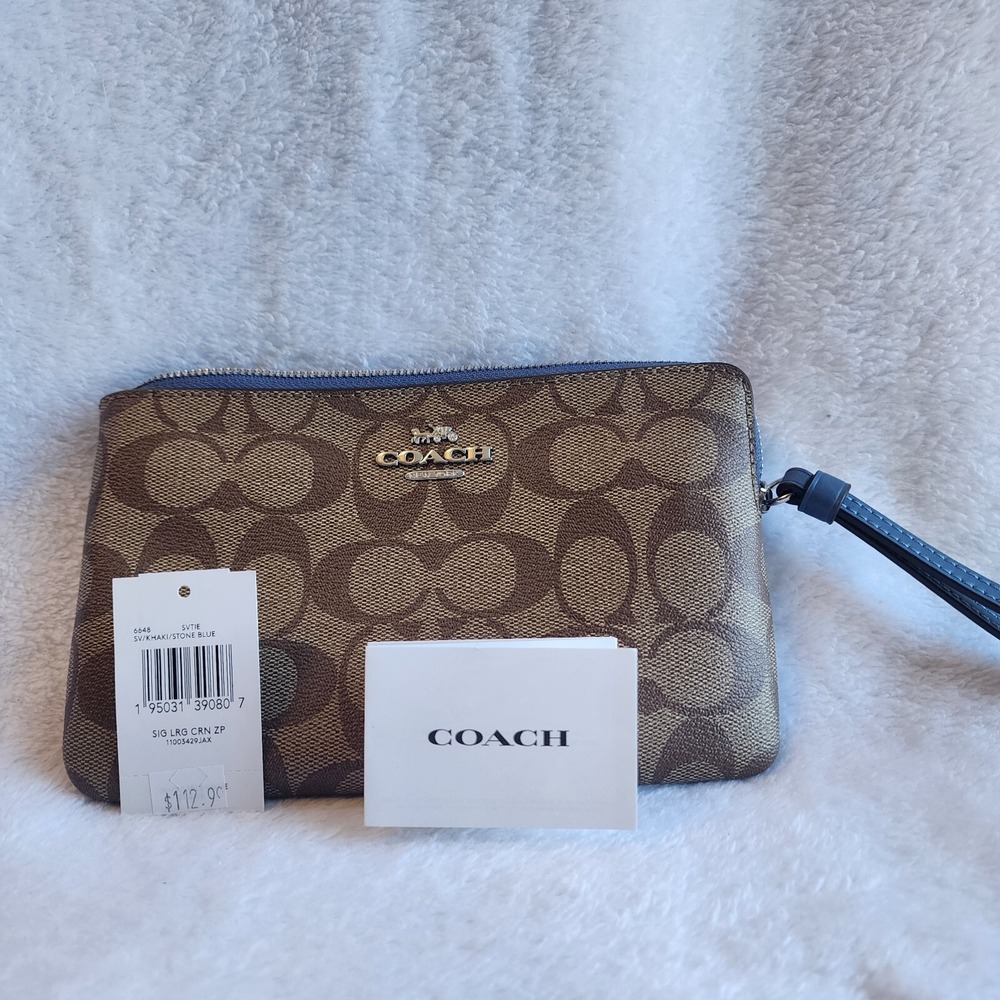 COACH Large Corner Zip Wristlet Signature Canvas Khaki & Stone Blue 6648 Wallet